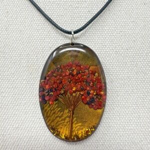 Tree of Life Pendant Necklace Oval Resin‎ Copper Wire Red Seed Bead